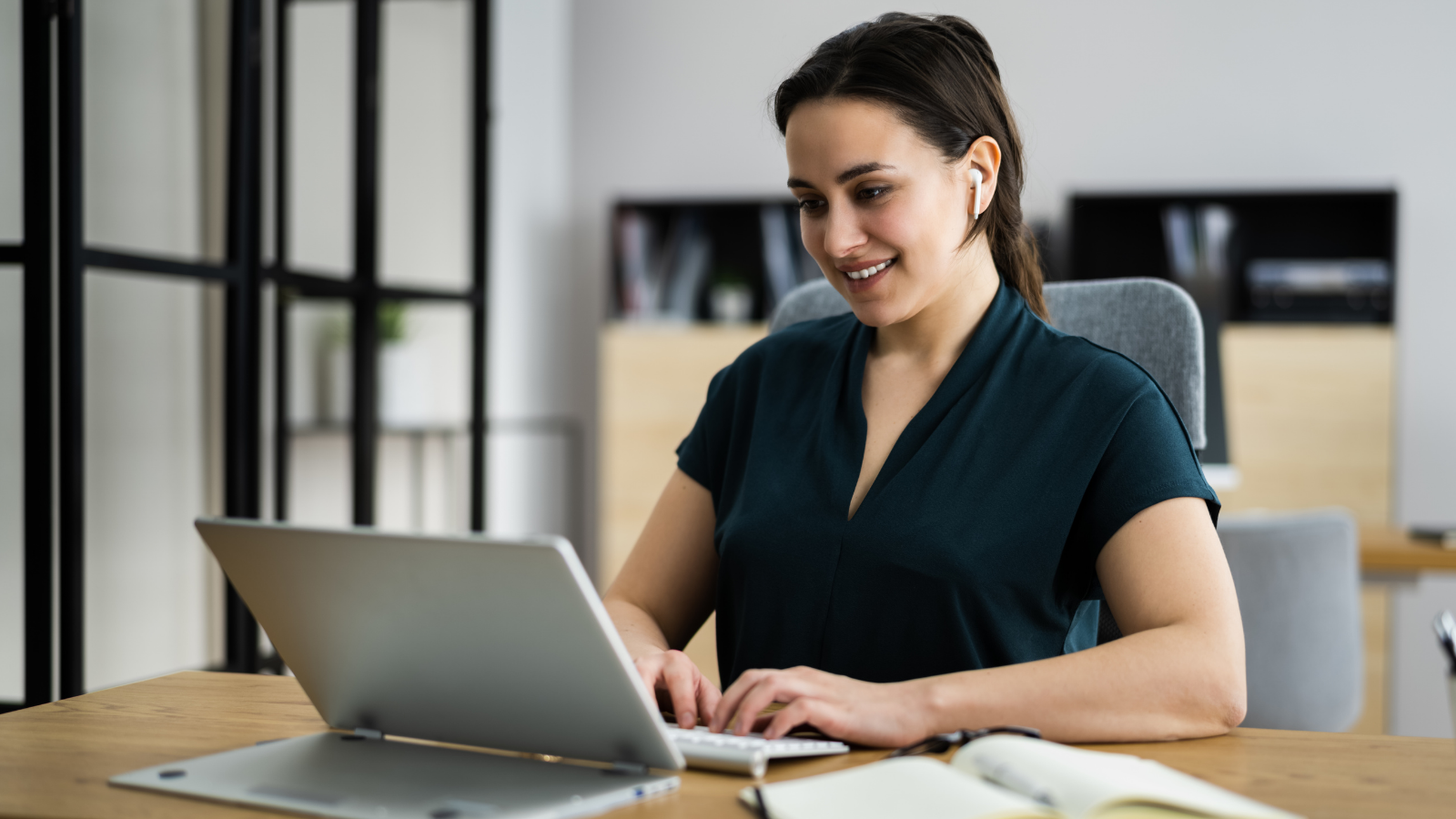 Woman at computer for a virtual job interview