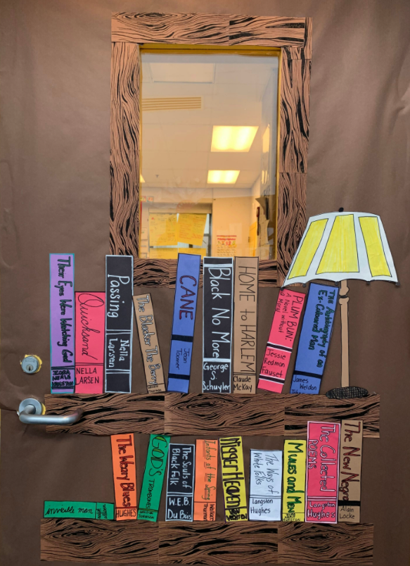 Image of bookshelves and books made out of construction paper