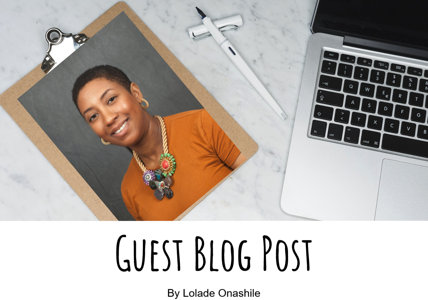 Headshot of a Black woman next to a computer