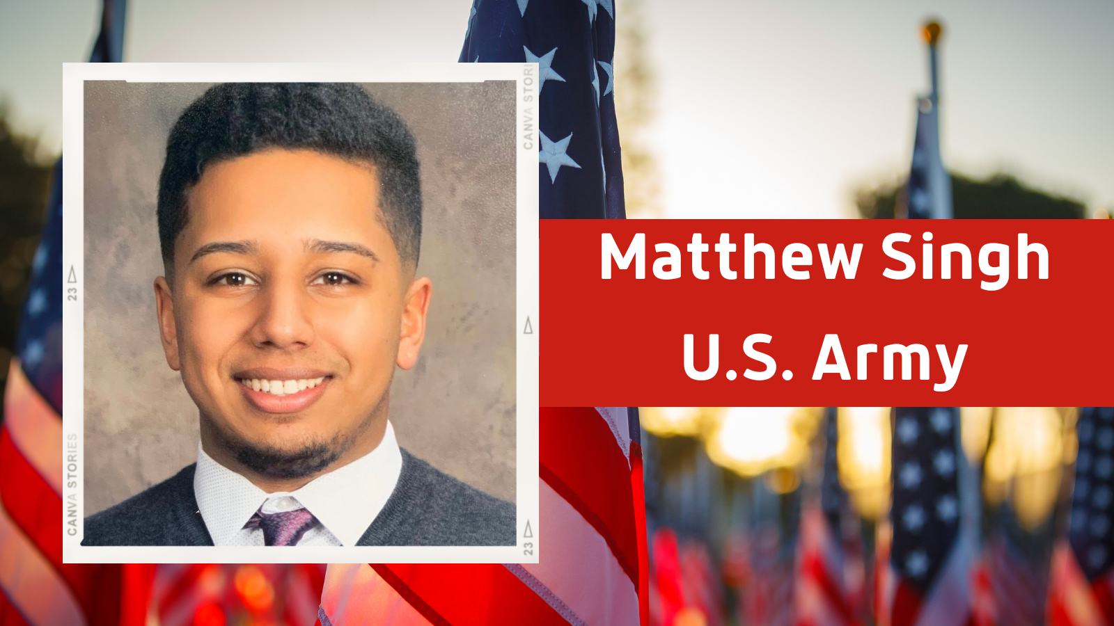 Headshot of a man in front of American flags