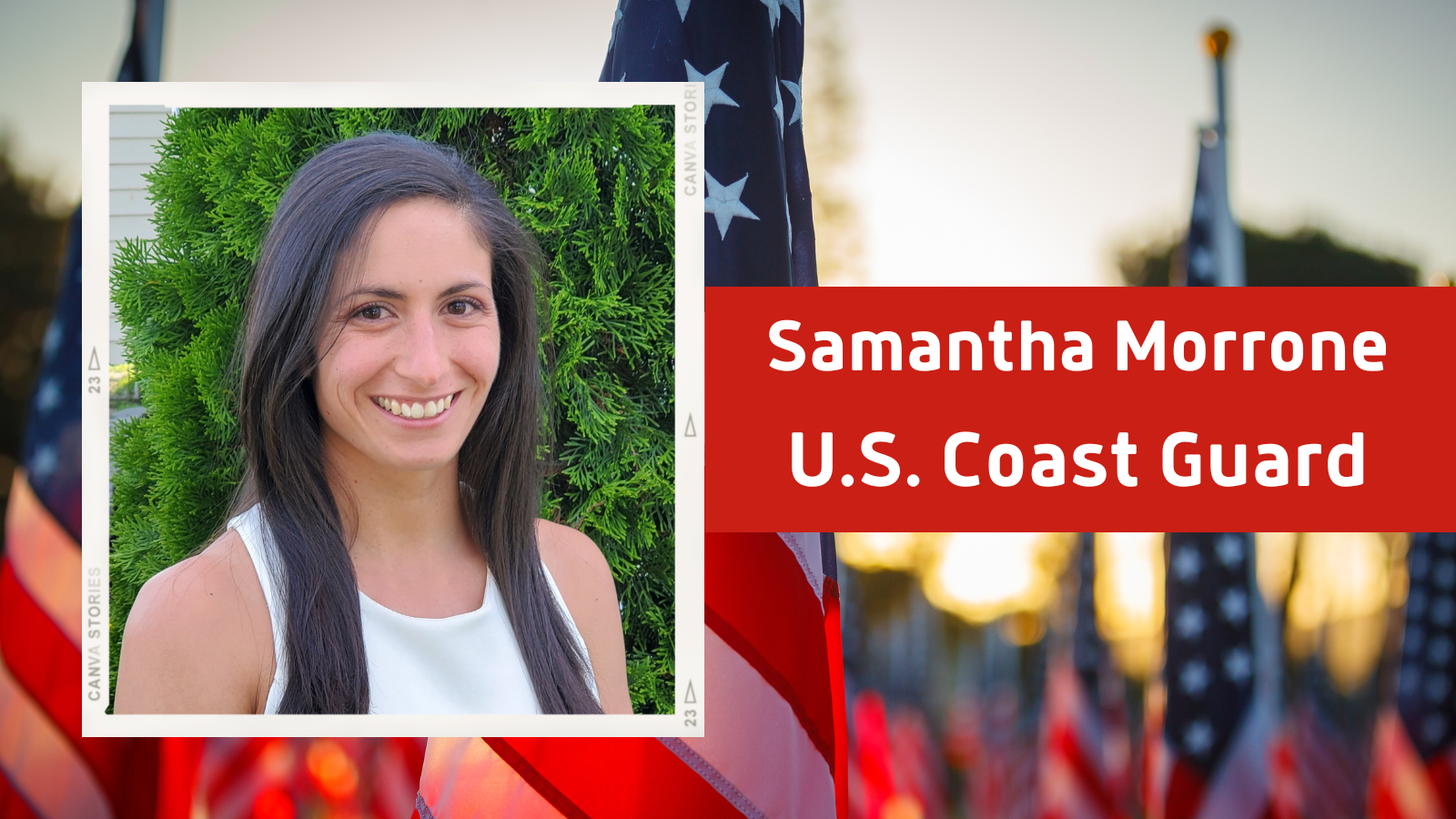 Headshot of a woman with American flags in the background