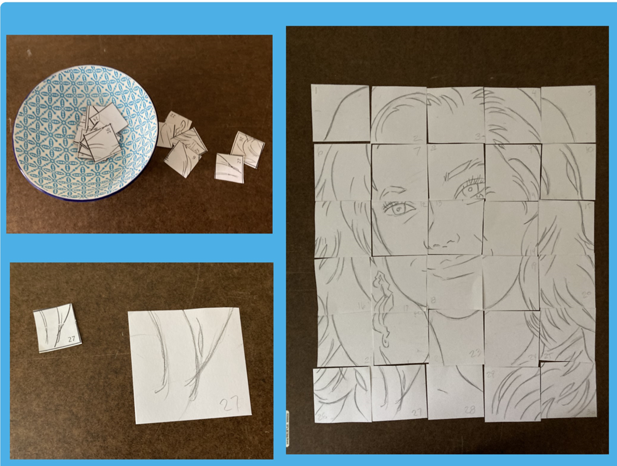 Squares that come together and show a drawing of a woman