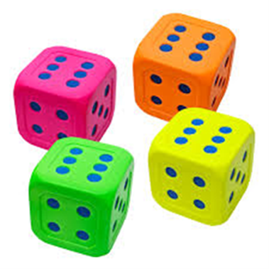 A group of four dice in neon colors