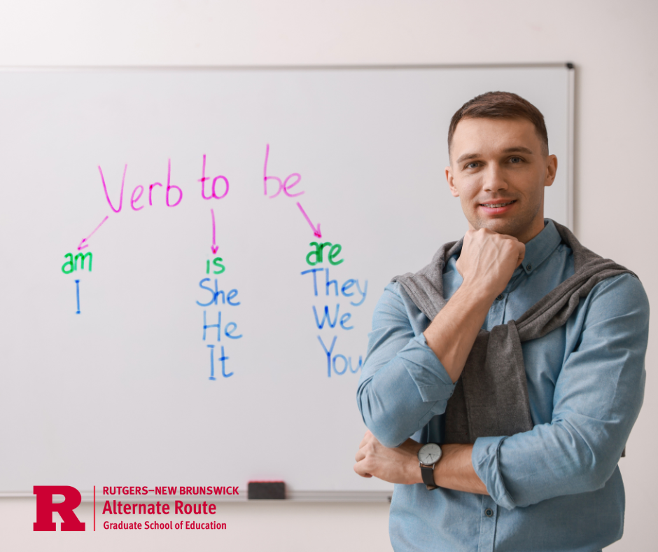 Man standing in front of a whiteboard breaking down what a verb is
