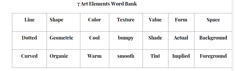 Example of the 7 art elements word bank
