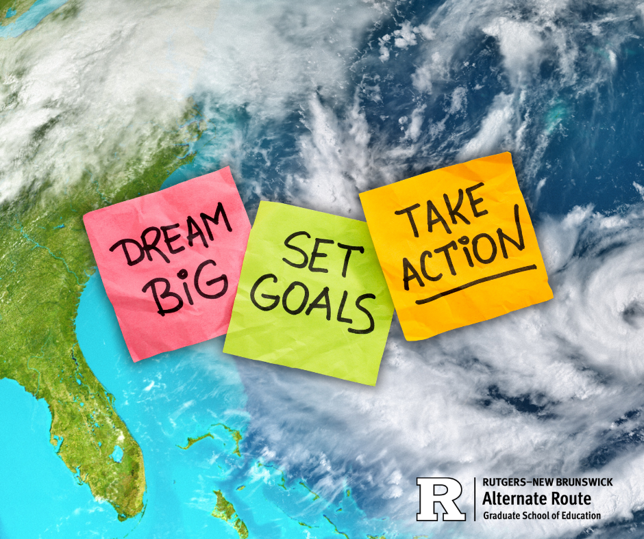 Hurricane over America's East Coast, with sticky notes over the picture that say 'dream big,' 'set goals' and 'take action'