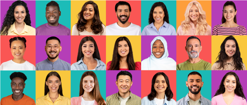 Group of diverse people arranged in a grid