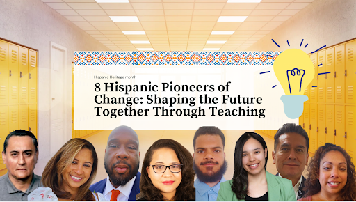 Group of Hispanic teacher headshots in front of school lockers