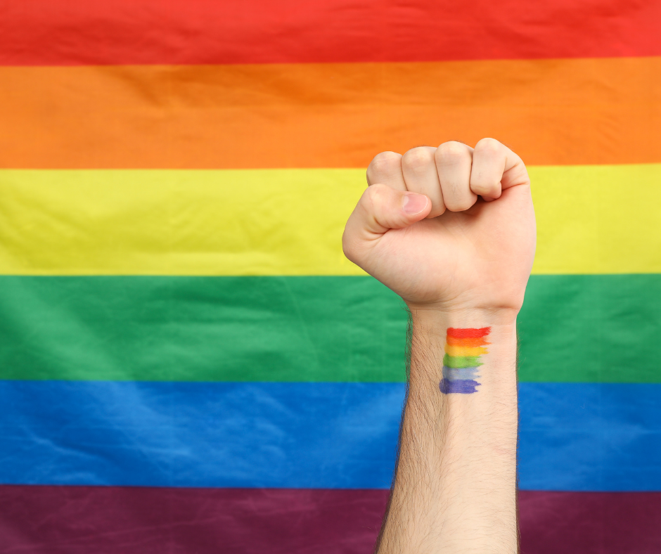 Pride flag with a fist in the air in front of it