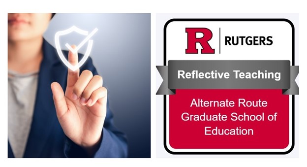 Graphic of a professional pressing a button on a screen, next to the Rutgers logo