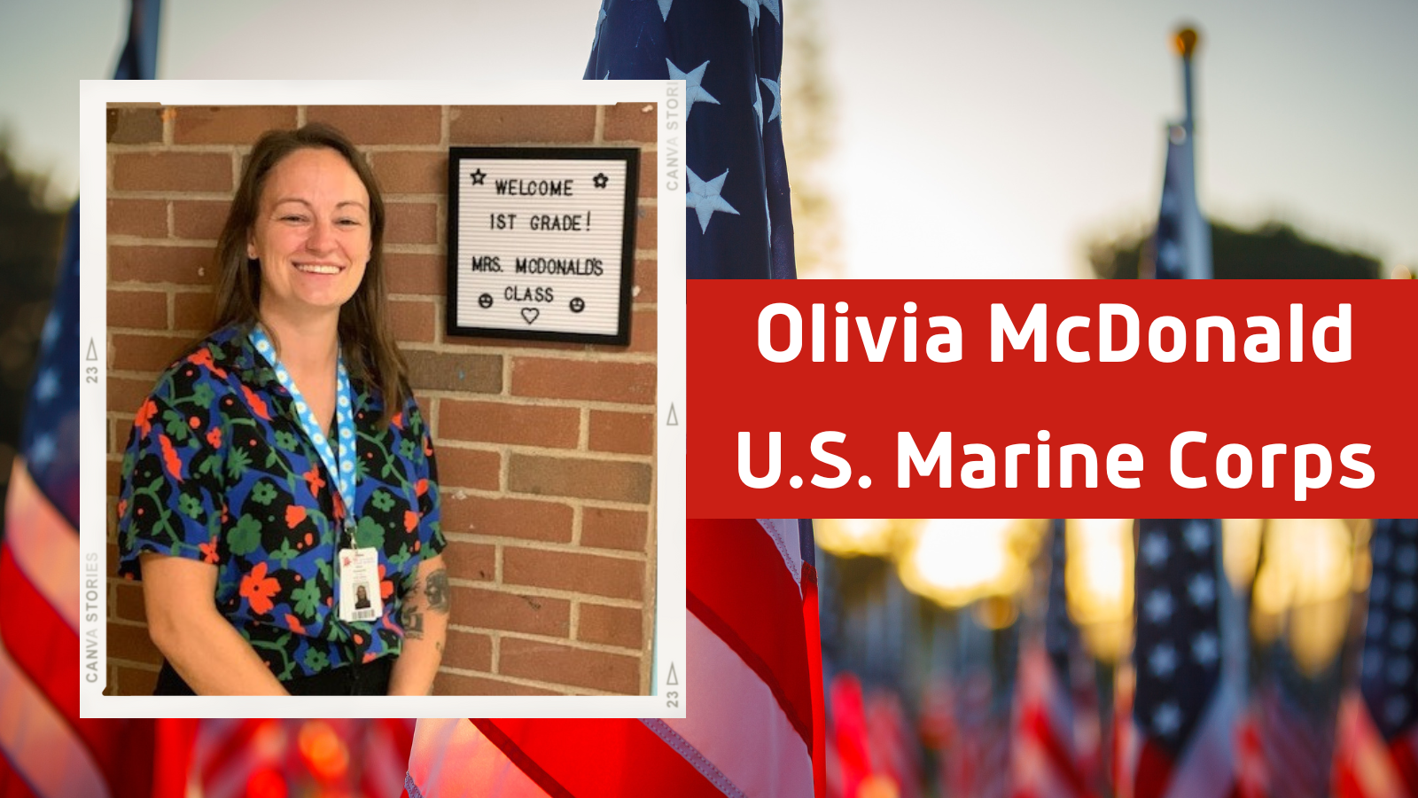 Headshot of teacher Olivia McDonald next to a sign that says "Welcome 1st grade! Mrs. McDonald's class"