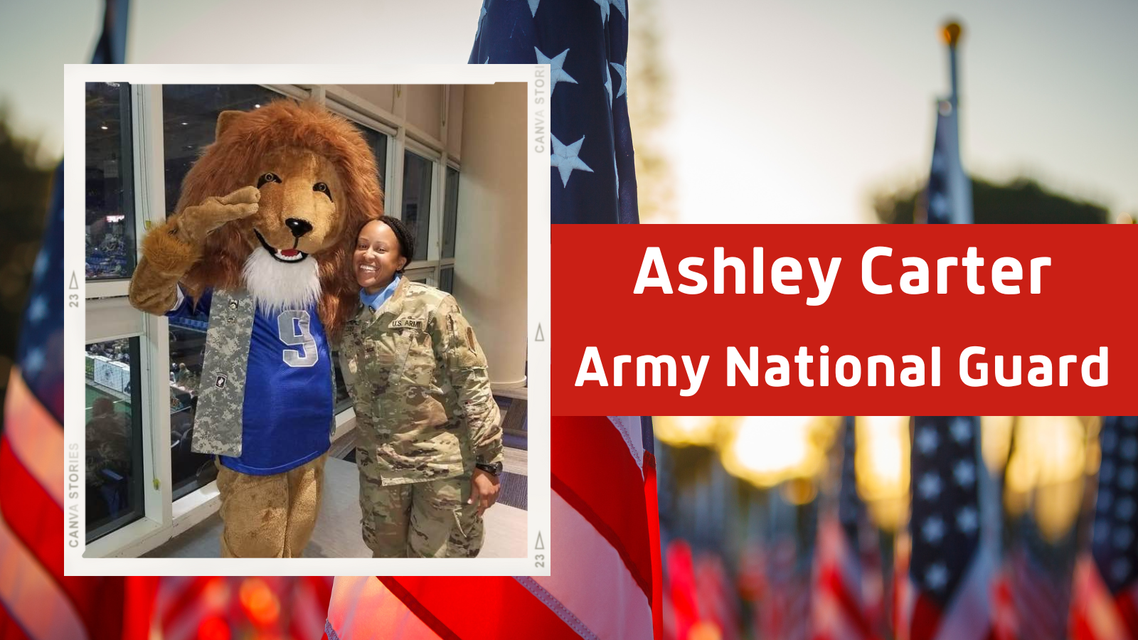 Picture of Ashley Carter in Army fatigues next to a lion mascot