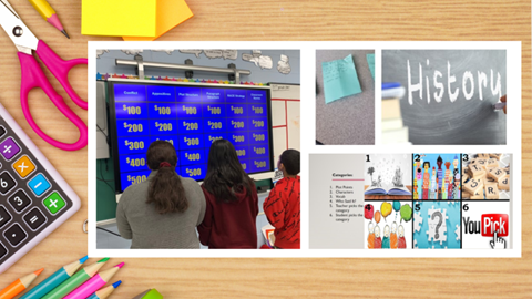 Collage of students playing games in a classroom