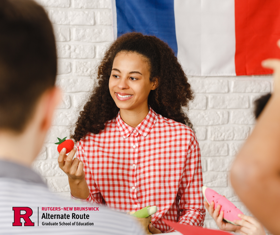 Student in front of a French flag