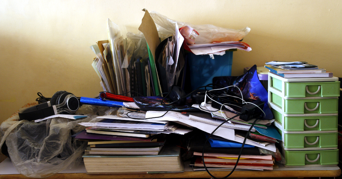 A cluttered countertop