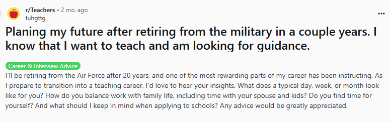 Screenshot from social networking website Reddit, with a user asking about transitioning from military to education