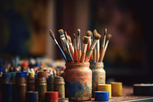 Table with art supplies, including paint bottles and a mason jar of paint brushes