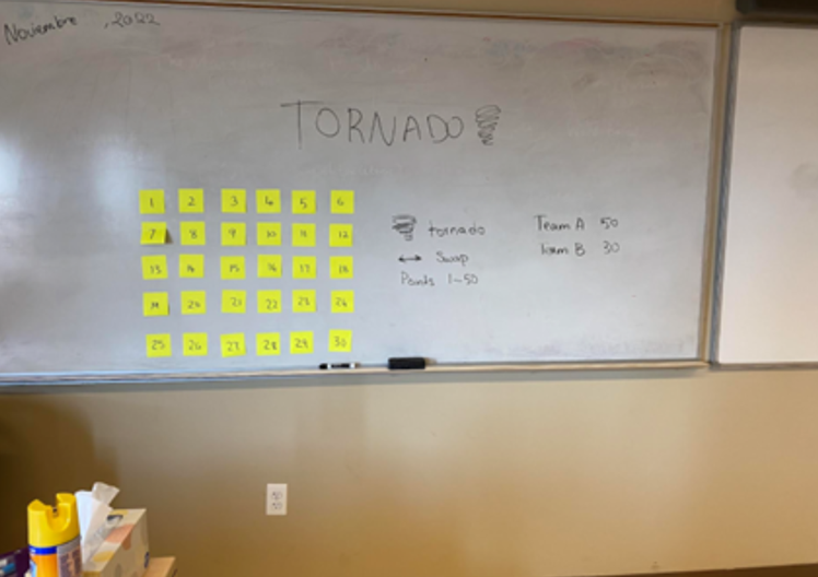 Example of the game Tordnado! on a classroom whiteboard