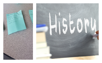 Post-It note next to a chalkboard with the word 'history' on it