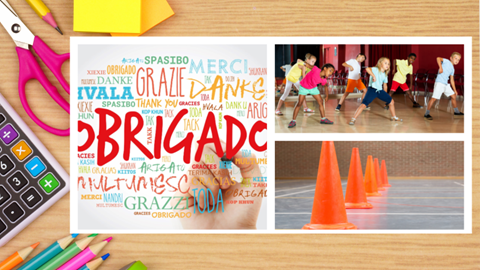 Collage of images, including a school gym class stretching together and orange cones on a gym floor