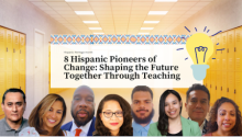 Headshots of eight Hispanic teachers in front of lockers