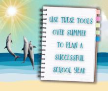 Notebook in front of a beach with dolphins in the background