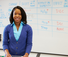 Woman standing in front of a whiteboard with a lesson on it