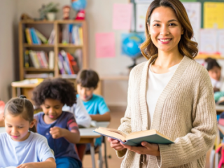 Woman holding a book and standing in font of students at desks