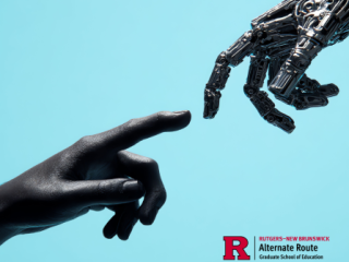 Human hand reaching out to touch a robot hand