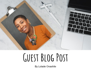 Headshot of a Black woman next to a laptop