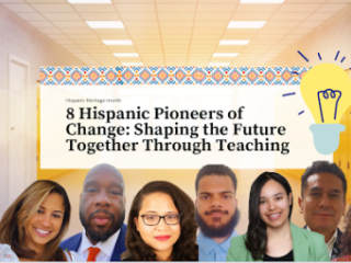 Headshots of eight Hispanic teachers in front of lockers