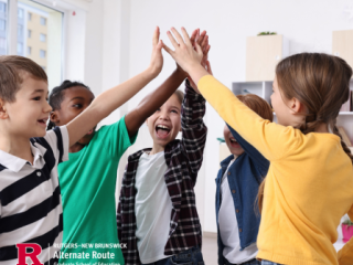 Elementary students gathered around high-fiving one another