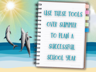 Notebook in front of a beach with dolphins in the background