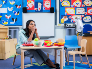Female teacher sitting at a child's table, looking exhausted
