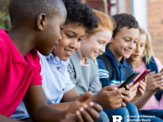 Group of diverse children using smartphones
