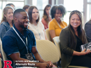 In-person conferences with a woman turned and smiling to the man next to her