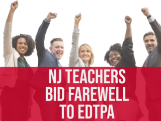 Teachers with their arms in the air because the edTPA no longer exists
